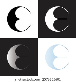 A graphic design illustration showcasing four variations of a logo featuring a stylized letter "E" comprised of two crescent shapes