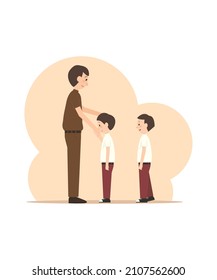 Graphic design illustration of two boys kissing the hand of a school teacher, it is a symbol of respect for students to their teachers.