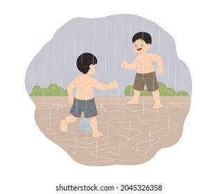 Graphic design illustration of two small children enjoying a blue soccer game, in the middle of a heavy rain and the child can be seen laughing happily.