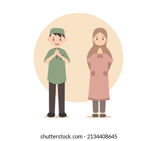 Graphic design illustration of two small children saying "Happy Eid Al-Fitr"