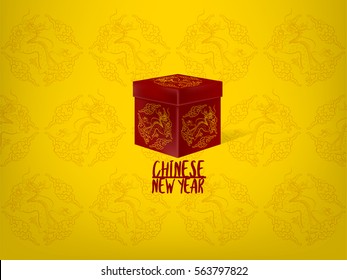 graphic design illustration vector of red chinese gift box for Chinese new year festival isolated on yellow gold chinese dragon pattern background, chinese new year background design concept