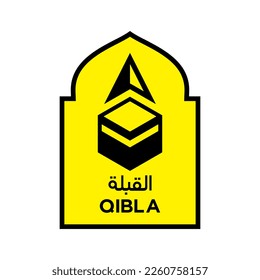 graphic design illustration of the yellow ornament Qibla direction icon, to inform Muslim worshipers when praying in public places, can be installed in mosques, prayer rooms