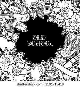 Graphic design inspired by old school tattoo style. Vector traditional art. Coloring book page for adults and kids