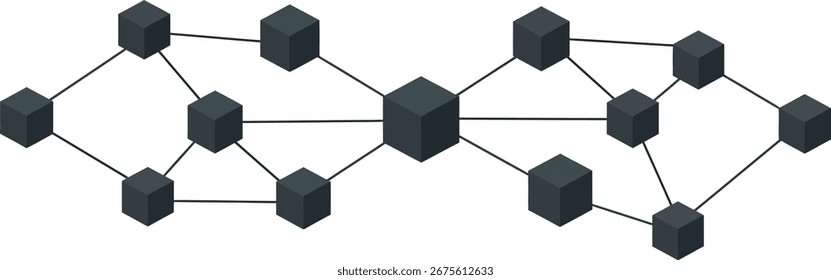 Design gráfico de cubos cinza-escuro interconectados, sugerindo uma rede ou sistema. Os cubos são vinculados por linhas finas, criando um padrão complexo.