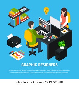 Graphic design isometric colorful concept with two artists working in office 3d vector illustration