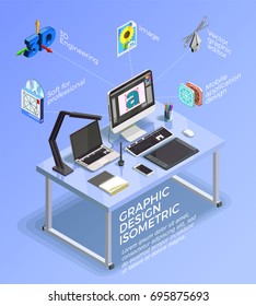 Graphic design isometric concept with infographics and designers workplace with computers drawing tablet icons and text vector illustration