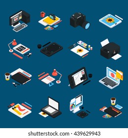Graphic design isometric icons set with laptop camera printer touch display ink pen artistic tools isolated vector illustration