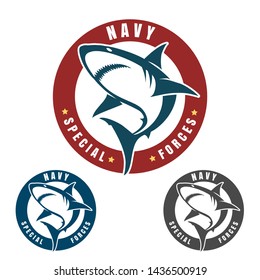 Graphic design of jumping shark in military style. Vector illustration.
