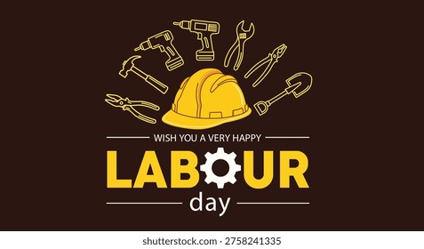 A graphic design for Labour Day featuring a yellow hard hat and various construction tools on a dark background