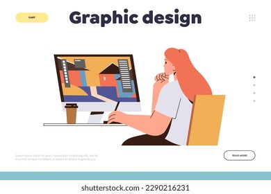 Graphic design landing page with inspired woman artist using laptop working on digital project