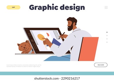 Graphic design landing page template with male character drawing digital picture on tablet