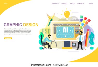 Graphic design landing page website template. Vector illustration. Desktop computer with AI letters and designers illustrators creating vector graphics for customer using computer design programs.