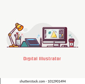 Graphic design lifestyle with digital illustrator or artist workspace with tools and equipment in flat style. Digital drawing concept vector banner.