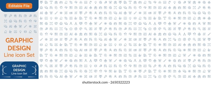 Graphic Design line Big 1000+ editable icon set.Contains such icons Creativity, Layout, Mobile App Design, Art Tools, Drawing Tablet, Typography, and more. Editable stroke. Line icon set 