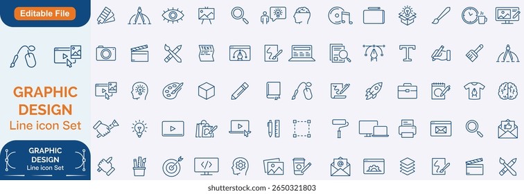 Graphic Design line editable icon set.Contains such icons Creativity, Layout, Mobile App Design, Art Tools, Drawing Tablet, Typography, and more. Editable stroke. Line icon set and Editable icon set