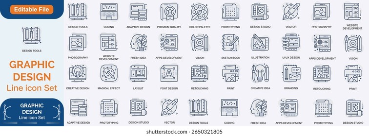Graphic Design line editable icon set.Contains such icons Creativity, Layout, Mobile App Design, Art Tools, Drawing Tablet, Typography, and more. Editable stroke. Line icon set and Editable icon set