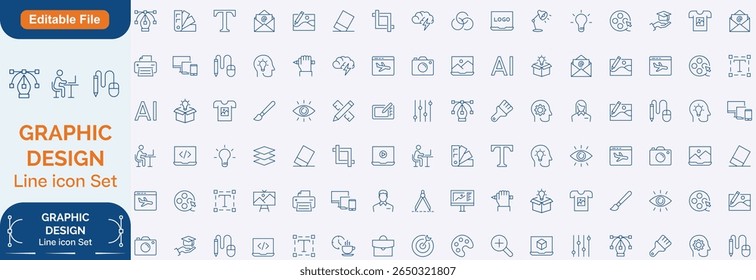 Graphic Design line editable icon set.Contains such icons Creativity, Layout, Mobile App Design, Art Tools, Drawing Tablet, Typography, and more. Editable stroke. Line icon set and Editable icon set