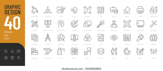 Conjunto de iconos editables de línea de Diseño gráfico. Ilustración vectorial en el estilo moderno de la línea delgada de los gráficos de la computadora iconos relacionados: herramientas, creatividad, etapas de desarrollo, y más. Pictogramas e infografías.