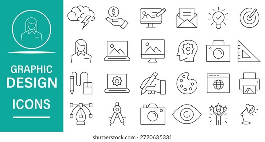 Conjunto de iconos editables de línea de Diseño gráfico. Contiene dibujo, diseñador, papelería, software, arte y más concepto. Colección de Vector de Plantilla de iconos sólidos.