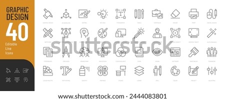 Graphic Design Line Editable Icons set. Vector illustration in modern thin line style of computer graphics related icons: tools, creativity, development stages, and more. Pictograms and infographics.