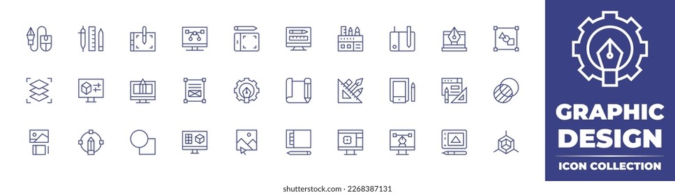 Kollektion von Symbolen für grafische Designlinien. Bearbeitbarer Strich. Vektorgrafik. Enthält Design-Tool, Design-Tools, Grafik-Tablet, Grafik, Software, Stift, Schicht, Computer, Grafik-Tool.