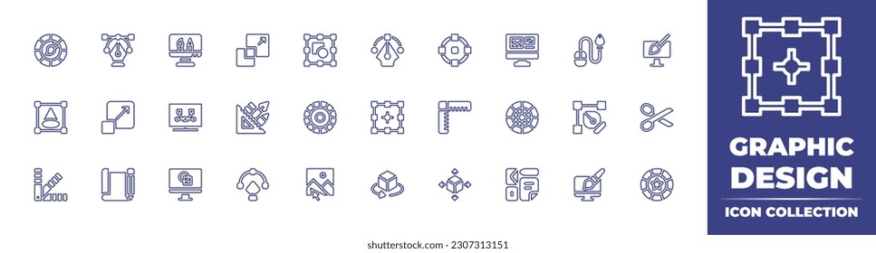 Colección de iconos de línea de diseño gráfico. Trazo editable. Ilustración vectorial. Conteniendo paleta de colores, vector, diseño gráfico, escala, ui diseño, ratón, prototipo, herramienta gráfica, círculo de colores.