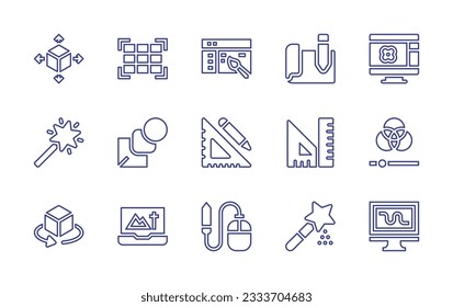 Graphic design line icon collection. Editable stroke. Vector illustration. Containing cube, grid, app design, graphic design, magic wand, blend, ruler and pencil, ruler, rgb, d view, laptop, computer.