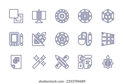Graphic design line icon collection. Editable stroke. Vector illustration. Containing fill, design, color circle, d model, graphic tablet, graphic tool, color palette, graphic design, grid, magic.
