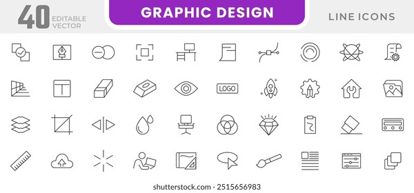 Graphic design line icon collection. Creativity, development, computer graphics, branding, photo, brand guide, digital art, tools, portfolio, designer icon, web design,  icon set. UI outline icon pack