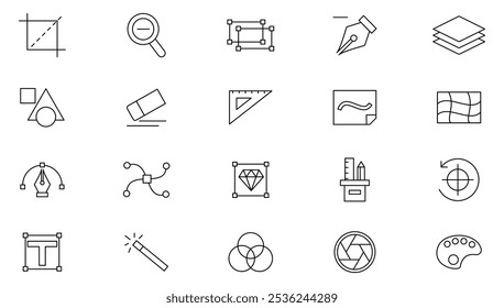 Conjunto de iconos de línea de Diseño gráfico. Diseño gráfico, paquete creativo, estacionario, software, herramientas de arte, creatividad, desarrollo, conjunto de iconos de línea de invención. Paquete de iconos de línea delgada de interfaz de usuario.