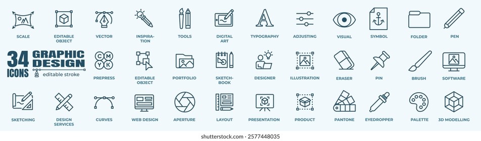 Graphic Design line icon set. Containing web design, tools, illustration, portfolio, website, curves, sketch, designer, print and more. Solid icons template vector collection.