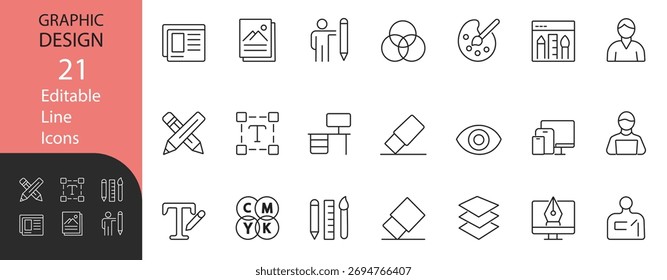 Conjunto de iconos de línea de Diseño gráfico. Contiene símbolos para herramientas creativas, teoría del color, maquetación, tipografía y arte digital. Diseño de contorno de Vector para proyectos de interfaz de usuario, marca y Web.