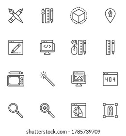 Graphic design line icons set, outline vector symbol collection, linear style pictogram pack. Signs, logo illustration. Set includes icons as designer tools, magic wand, website design, graphic tablet