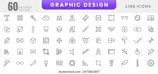 Graphic design line icons set. Art, creativity, idea, deisgn, tools, designer, stationary, software, web design, color palette outline icon set collection. Thin outline icons pack.