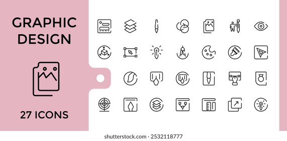 Graphic design line icons set. Related to thin line style of computer graphics related icons collection. tools, development stages, and more. Editable and pixel perfect symbol pack.