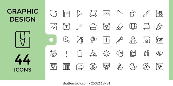 Graphic design line icons set. Related to thin line style of computer graphics related icons collection. tools, development stages, and more. Editable and pixel perfect symbol pack.