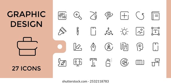 Graphic design line icons set. Related to thin line style of computer graphics related icons collection. tools, development stages, and more. Editable and pixel perfect symbol pack.