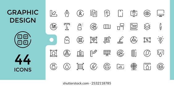 Graphic design line icons set. Related to thin line style of computer graphics related icons collection. tools, development stages, and more. Editable and pixel perfect symbol pack.