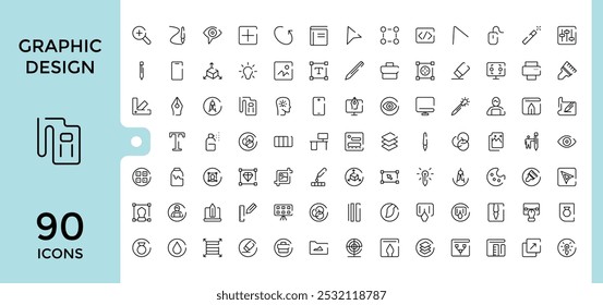 Graphic design line icons set. Related to thin line style of computer graphics related icons collection. tools, development stages, and more. Editable and pixel perfect symbol pack.