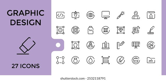 Conjunto de iconos de línea de Diseño gráfico. Relacionado con el estilo de línea delgada de la colección de iconos relacionados con gráficos por computadora. herramientas, etapas de desarrollo y más. Paquete de símbolos de píxeles editables y perfectos.