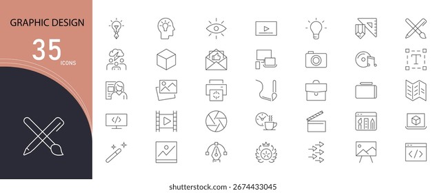 Graphic Design Line Icons Set. Collection of 30 outline icons representing graphic design, creativity, digital art, illustration, tools, and multimedia. Outline vector illustration.