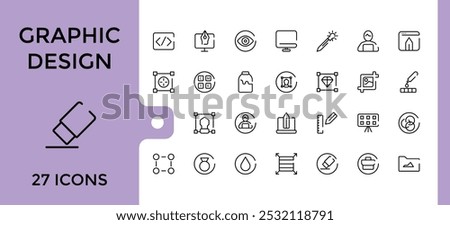 Graphic design line icons set. Related to thin line style of computer graphics related icons collection. tools, development stages, and more. Editable and pixel perfect symbol pack.