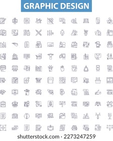 Graphic design line icons, signs set. Drawing, Illustration, Printmaking, Layout, Typography, Branding, Shapes, Colors, Logos outline vector illustrations.