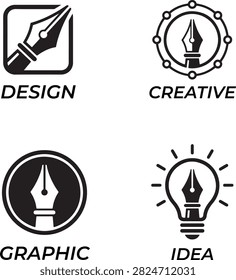 Graphic Design Logo Collection with Pen Nib and Lightbulb Black Vector Set
