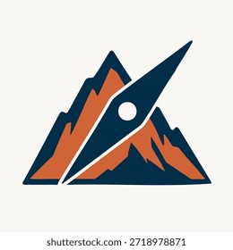Logo de Diseño gráfico que representa una cordillera en azul oscuro y naranja, superpuesto con una aguja estilizada de brújula que apunta hacia arriba y hacia la derecha, sobre un fondo blanco rojizo muy claro.