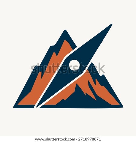 A graphic design logo representing a mountain range in dark blue and orange, overlaid with a stylized compass needle pointing upwards and to the right, set against a very light off-white background.