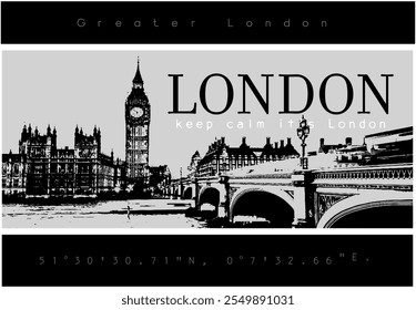 Projeto gráfico com horizonte de Londres, ponte de edifícios e slogan"MANTENHA A CALMA IT’S LONDRES ". Imprimir vetor de design 