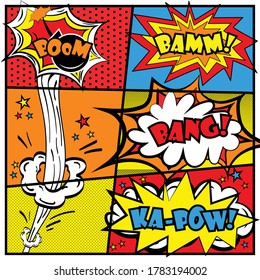 Graphic Design Make Comic Explosions: Comic art speech bubble with expressions (Template with sound effects, KAPOW, POW, KABOOM, BOOM!) stickers set,stock vector illustration
