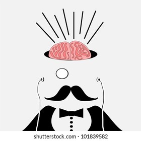 graphic design of man with monocle and mustache wearing earphones and music blaring from brain