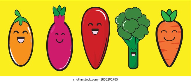 Diseño gráfico de mascota de varias verduras sobre fondo amarillo